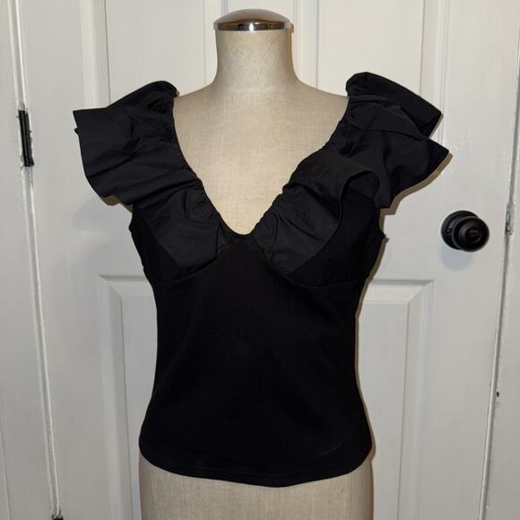 NEW Anthropologie Dolan Ruffle Black Blouse Flutter Sleeve Size M Medium V-Neck - Picture 1 of 9